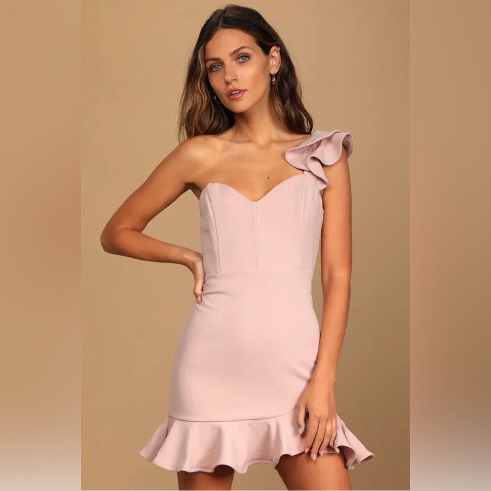 LULUS Captivate Me Dusty Pink One-Shoulder Ruffled Trumpet Mini Dress Sz S NWT